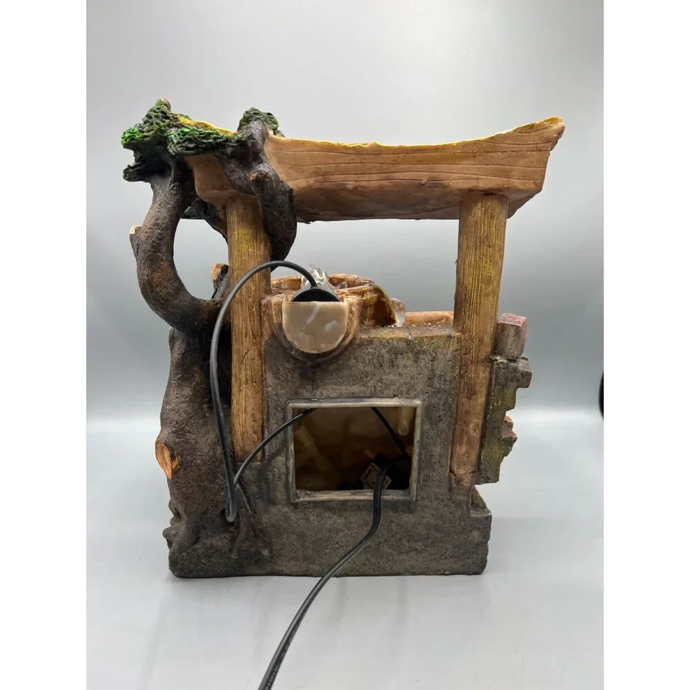 Rustic LED Tabletop Fountain With Water Mill, Dog Figurines & Tree Design 12x10